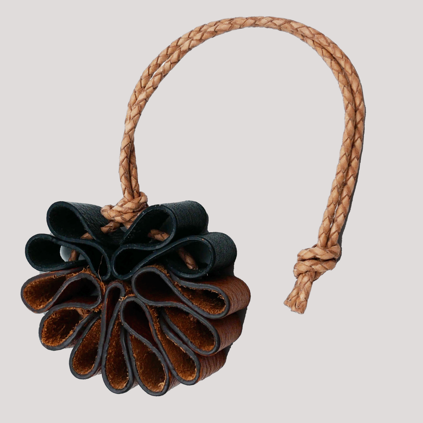 Pine Cone Bag Charm Leather Black and Tan